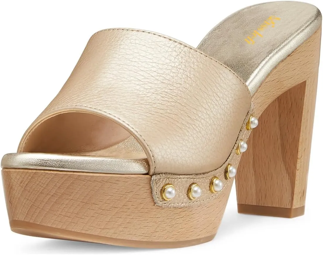 miss left Women Platform Chunky High Heel Mules Open Toe Studded Slide Sandals Slip on Party Dress Casual Shoes Size 4-16 US