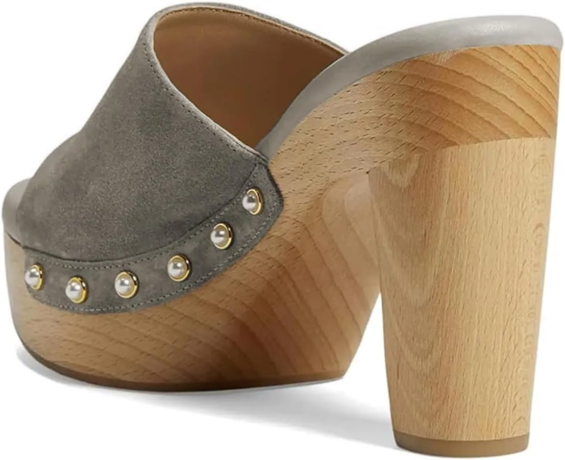 miss left Women Platform Chunky High Heel Mules Open Toe Studded Slide Sandals Slip on Party Dress Casual Shoes Size 4-16 US