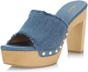 miss left Women Platform Chunky High Heel Mules Open Toe Studded Slide Sandals Slip on Party Dress Casual Shoes Size 4-16 US