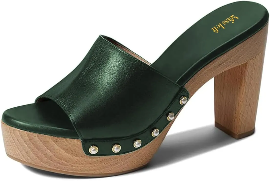 miss left Women Platform Chunky High Heel Mules Open Toe Studded Slide Sandals Slip on Party Dress Casual Shoes Size 4-16 US