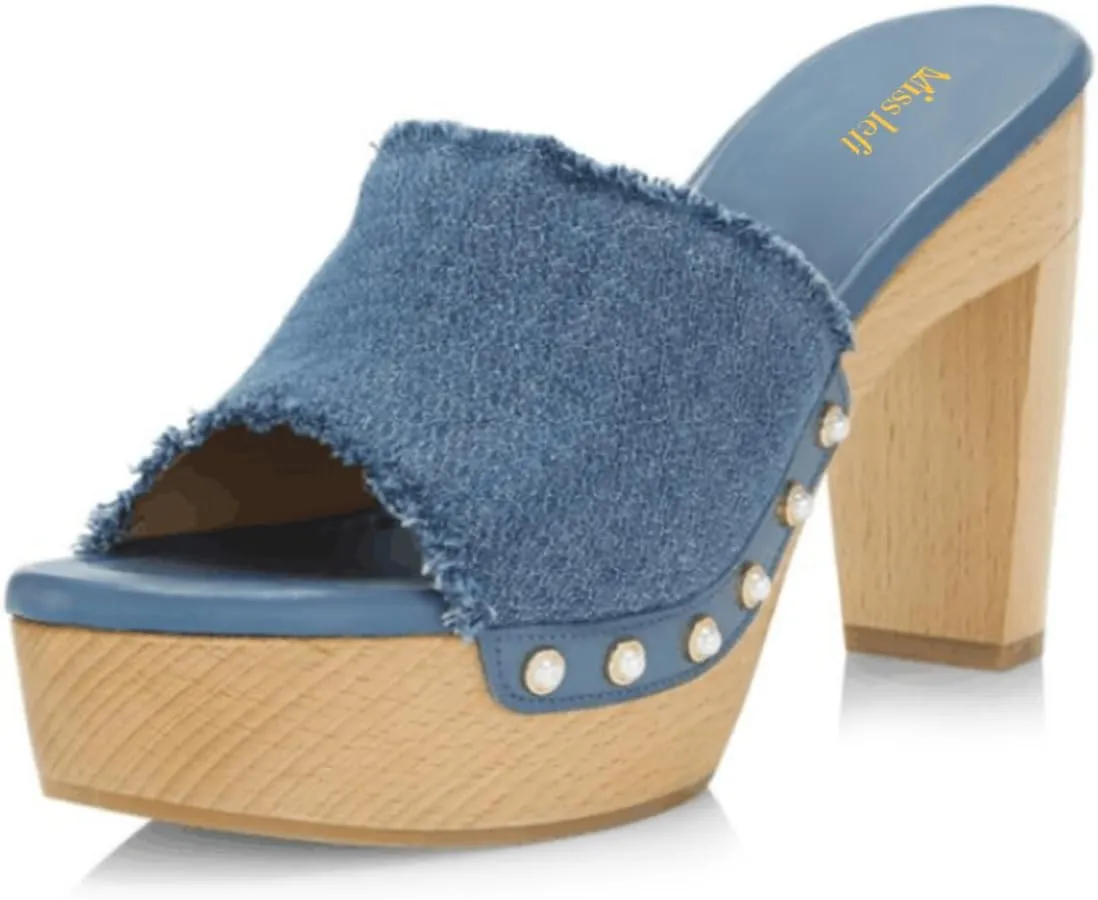 miss left Women Platform Chunky High Heel Mules Open Toe Studded Slide Sandals Slip on Party Dress Casual Shoes Size 4-16 US