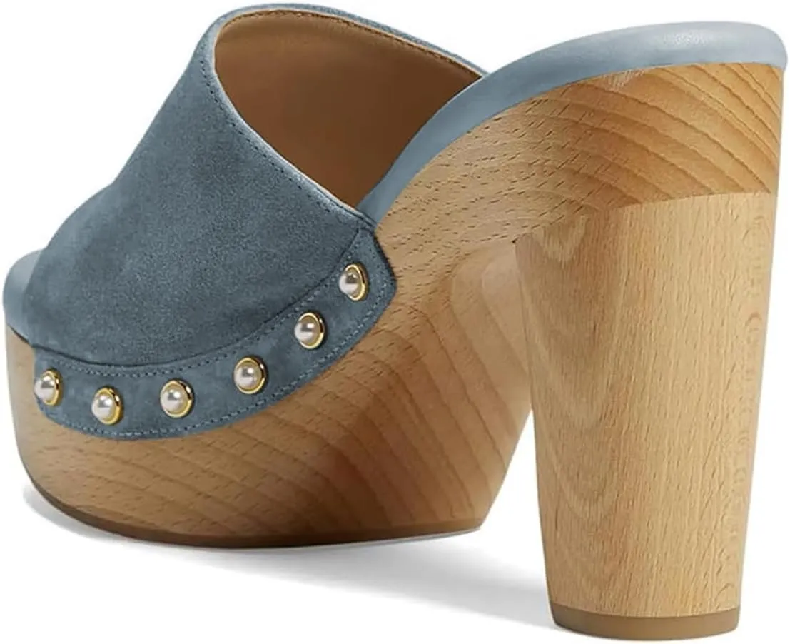 miss left Women Platform Chunky High Heel Mules Open Toe Studded Slide Sandals Slip on Party Dress Casual Shoes Size 4-16 US