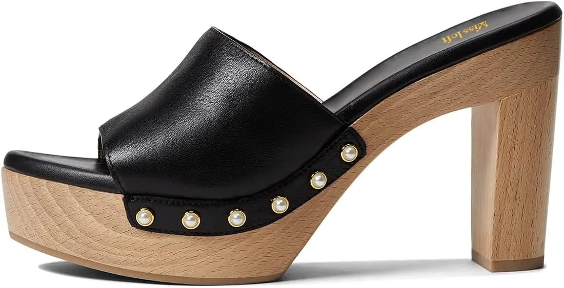 miss left Women Platform Chunky High Heel Mules Open Toe Studded Slide Sandals Slip on Party Dress Casual Shoes Size 4-16 US