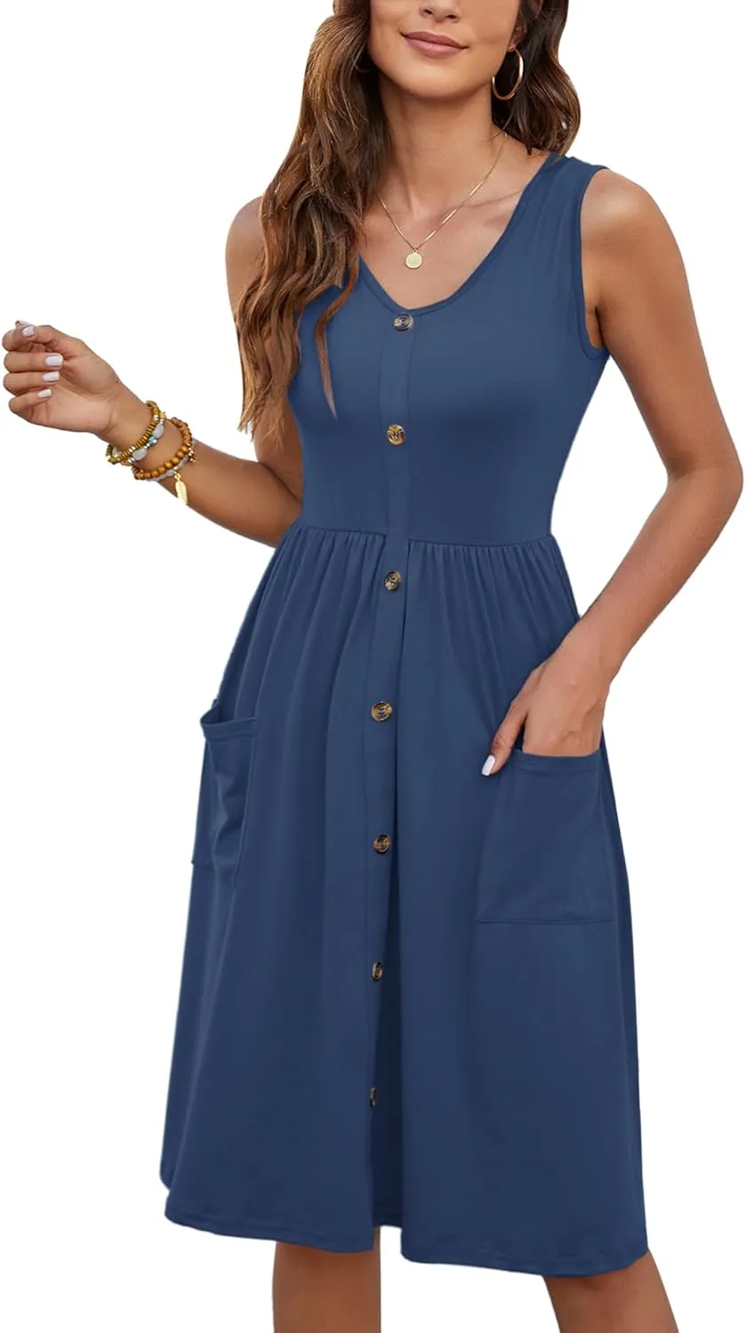 MOLERANI Women Summer Dresses Sleeveless Casual Loose Swing Button Down Midi Dress with Pockets