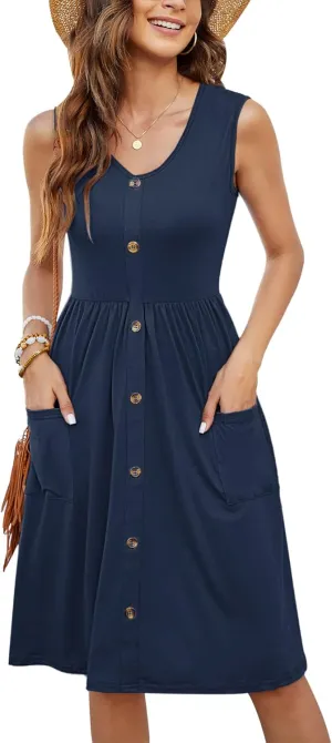 MOLERANI Women Summer Dresses Sleeveless Casual Loose Swing Button Down Midi Dress with Pockets