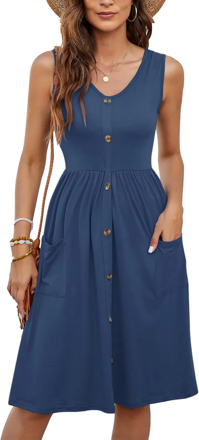 MOLERANI Women Summer Dresses Sleeveless Casual Loose Swing Button Down Midi Dress with Pockets