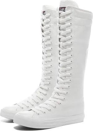 Momuk Women's Fashion Lace Up Knee High Canvas Zip Boots Girls Fancy School Shoes
