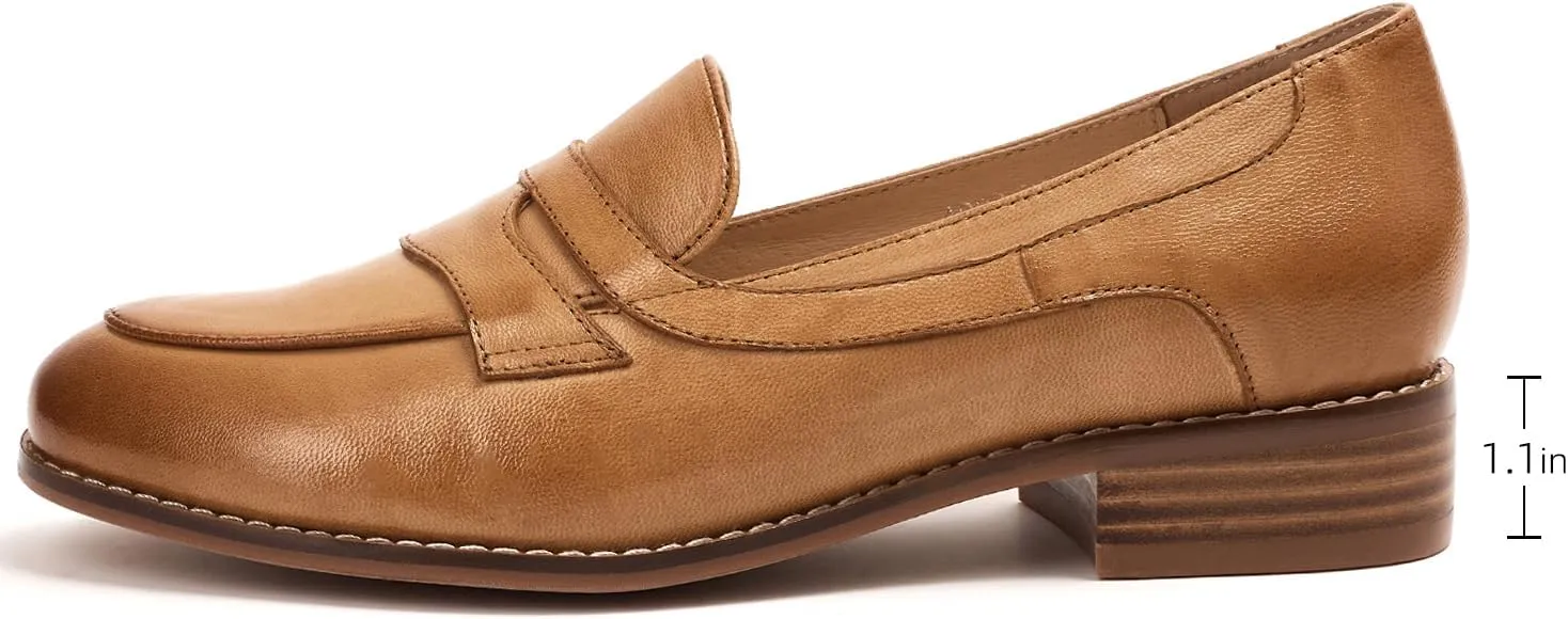 Mona flying Women's Comfort Leather Round Toe Penny Loafers Dress Casual Slip On Flats Ladies Office Work Shoes