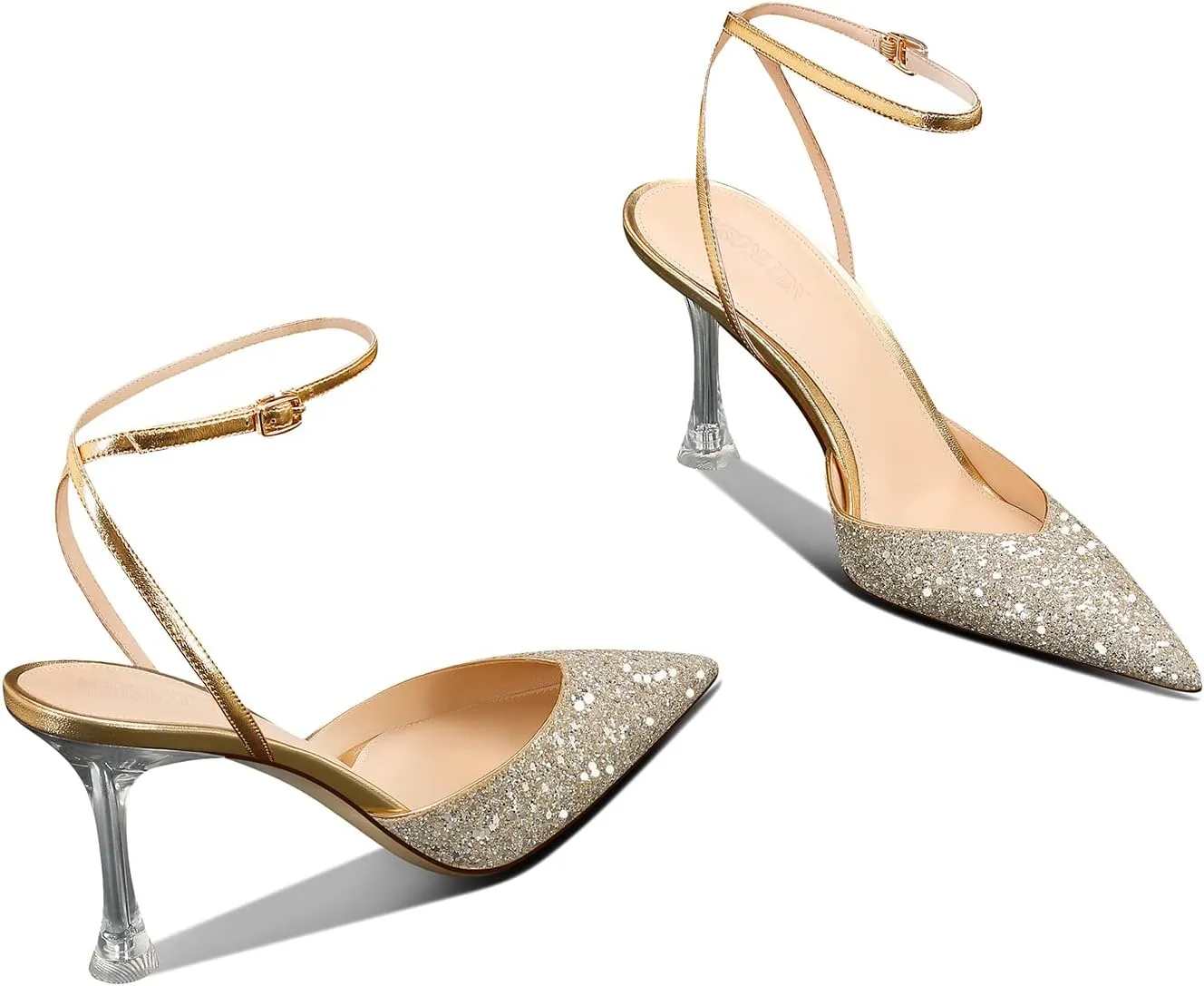 MSONLYDN Pointed Toe High Heel Slingback Sandals - Sexy Ankle Strap Clear Heel Mules for Women, Perfect for Party Wedding Dressy Pumps Shoe 3.35In