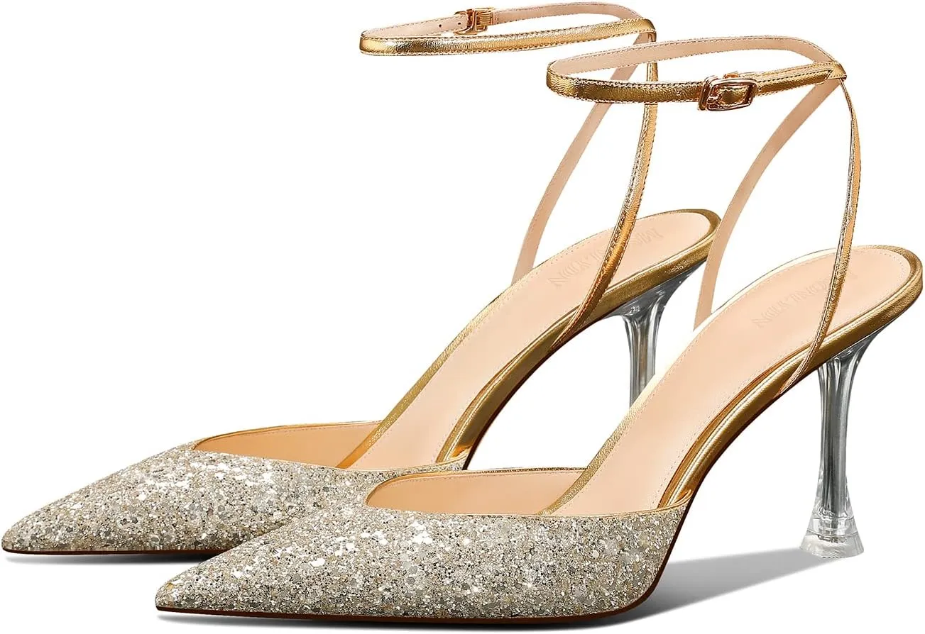 MSONLYDN Pointed Toe High Heel Slingback Sandals - Sexy Ankle Strap Clear Heel Mules for Women, Perfect for Party Wedding Dressy Pumps Shoe 3.35In