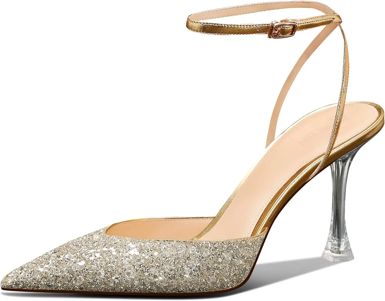MSONLYDN Pointed Toe High Heel Slingback Sandals - Sexy Ankle Strap Clear Heel Mules for Women, Perfect for Party Wedding Dressy Pumps Shoe 3.35In