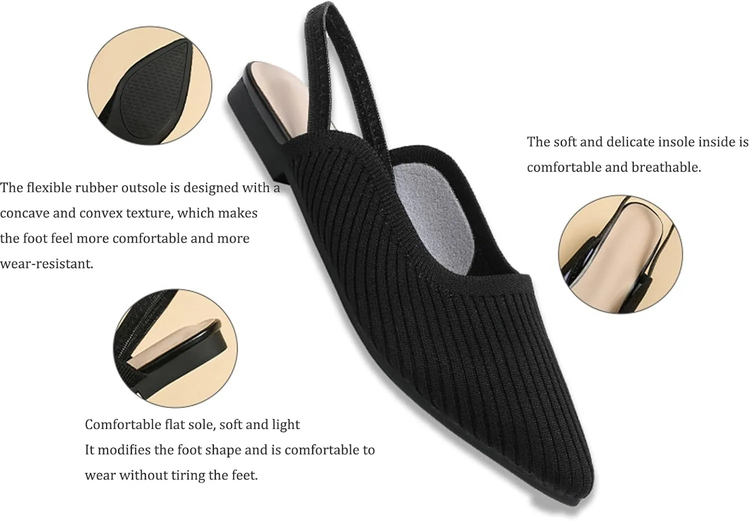 NELSBREXWomen'S Knit Closed Pointed Toe Flat Slip-On Mules Sandals Sexy Breathable Comfort Soft Sole Slingback Flat Shoes with Ankle Strap Casual Formal Work Dress Shoes
