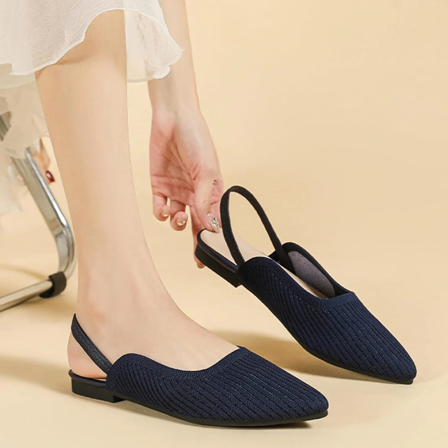 NELSBREXWomen'S Knit Closed Pointed Toe Flat Slip-On Mules Sandals Sexy Breathable Comfort Soft Sole Slingback Flat Shoes with Ankle Strap Casual Formal Work Dress Shoes