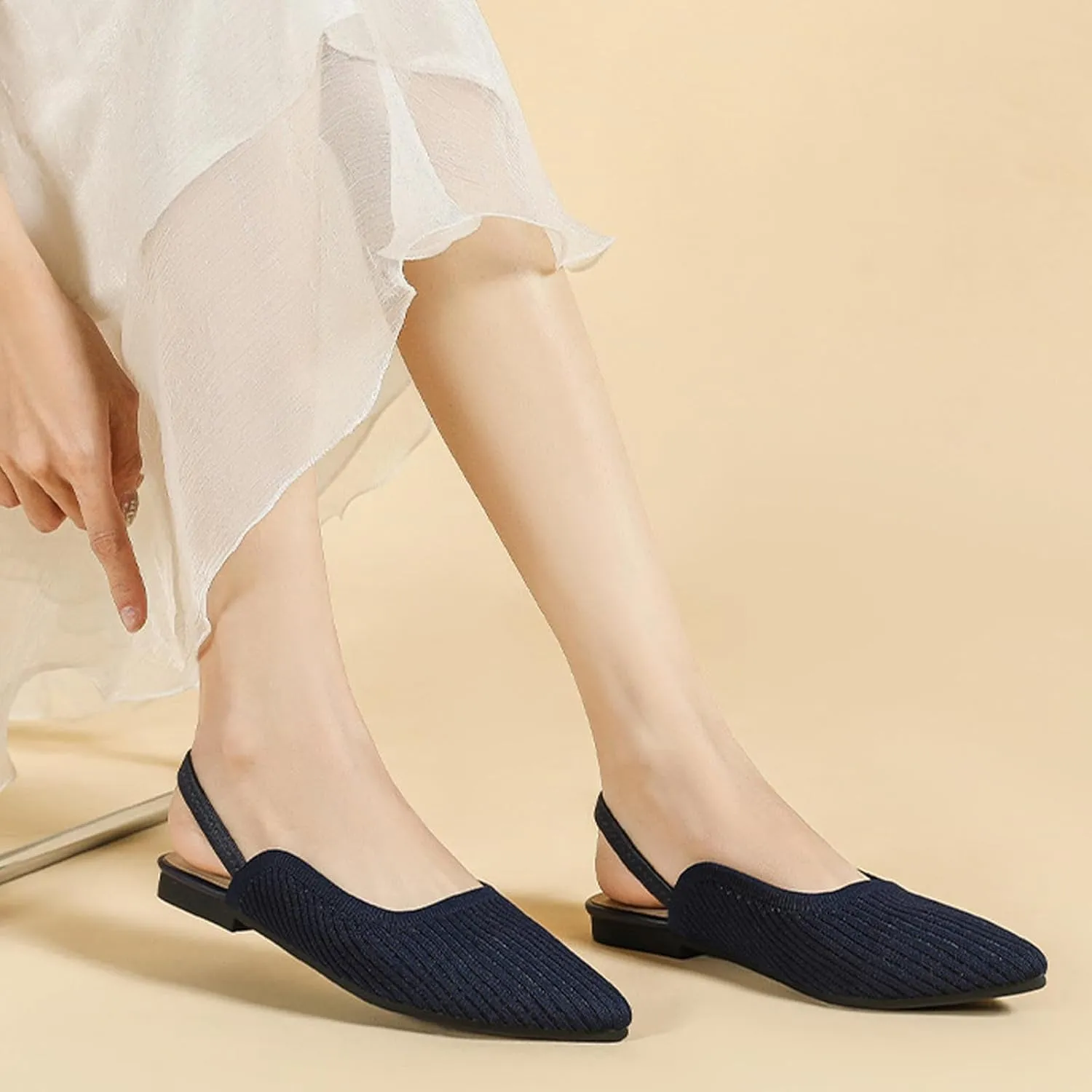 NELSBREXWomen'S Knit Closed Pointed Toe Flat Slip-On Mules Sandals Sexy Breathable Comfort Soft Sole Slingback Flat Shoes with Ankle Strap Casual Formal Work Dress Shoes