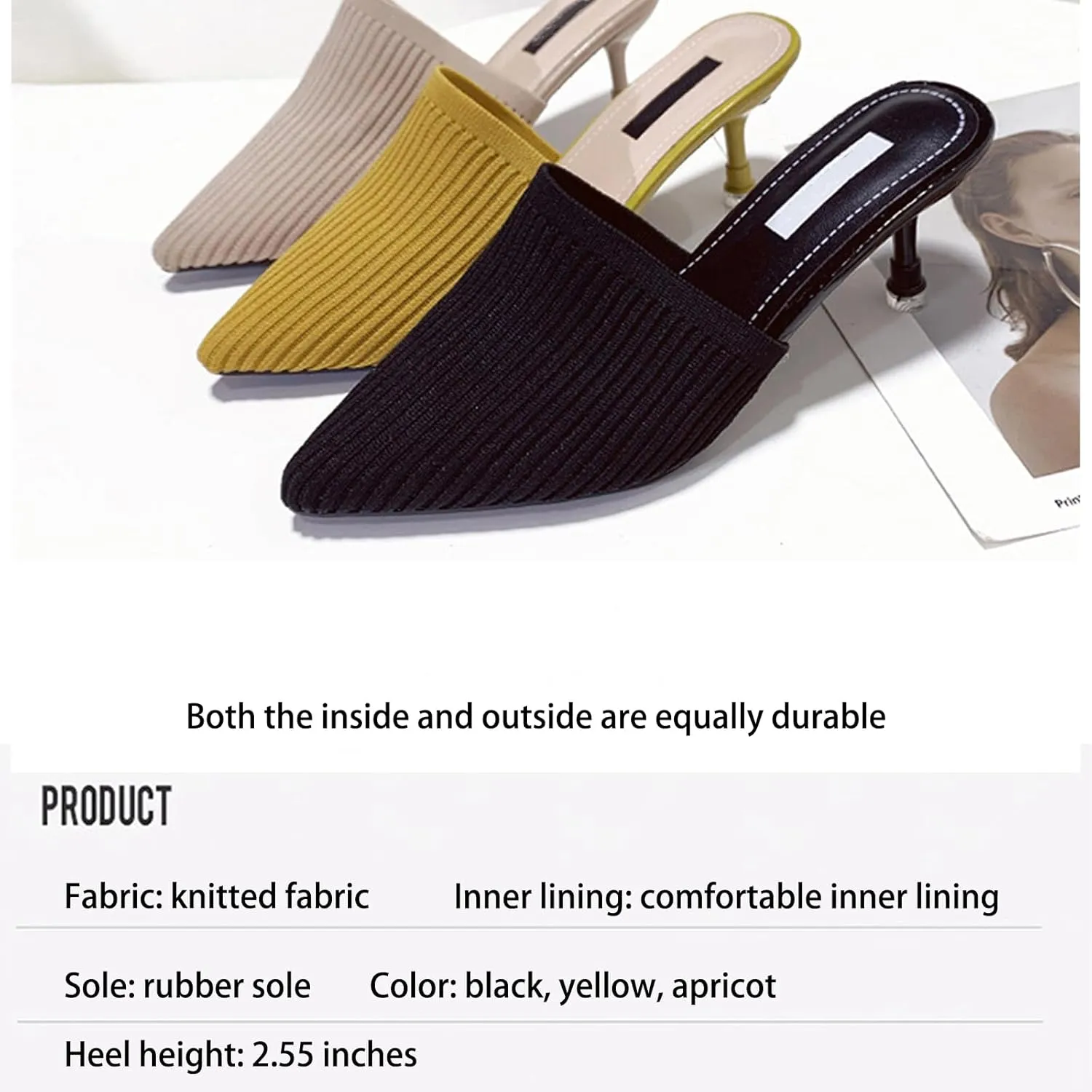 NELSBREXWomen'S Stretch Knit Pointed Toe Stiletto Clogs Mules Closed Pointed Back Breathable Non-Slip Slip-On Kitten Heel Slingback Dress Business Work Formal Slippers Sandals