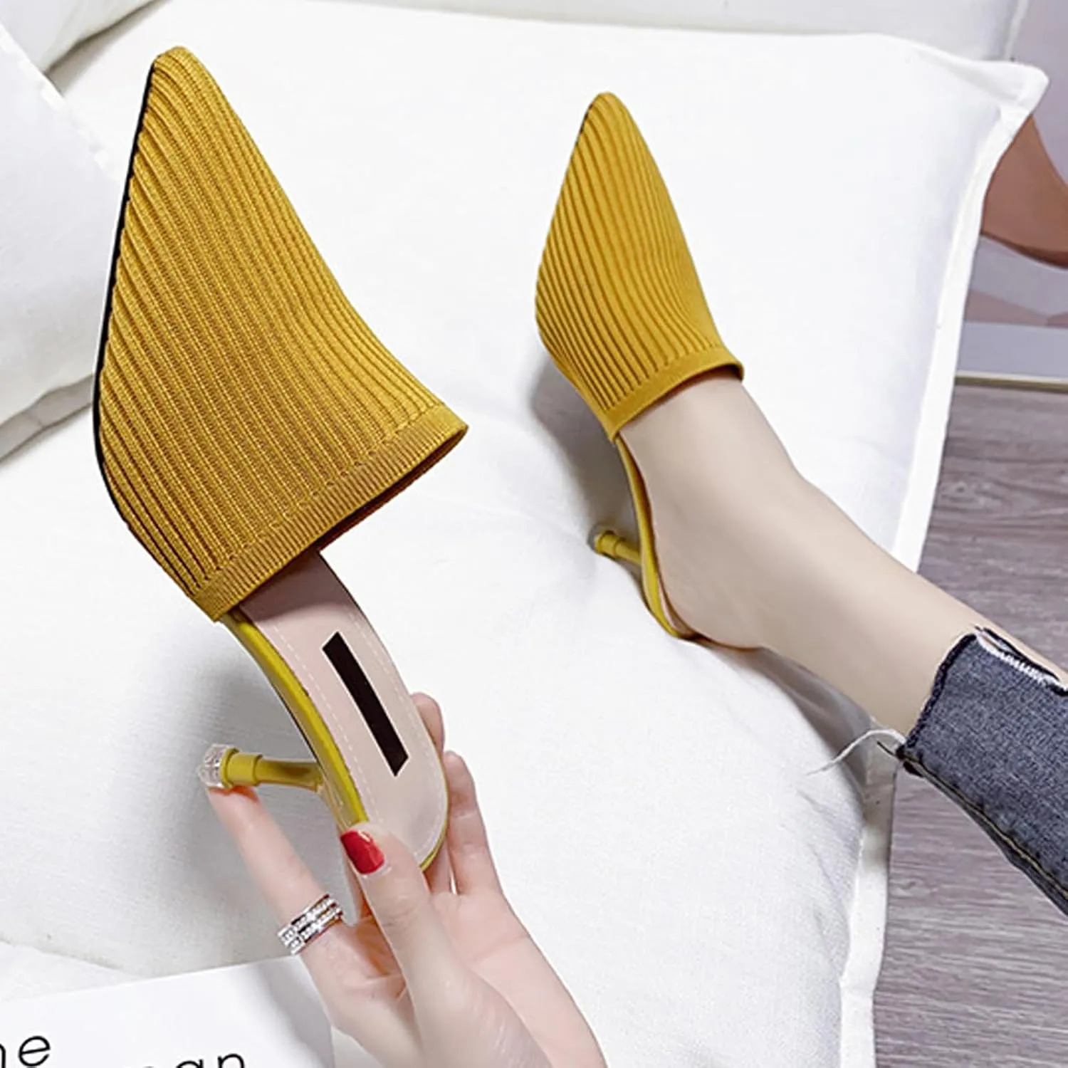 NELSBREXWomen'S Stretch Knit Pointed Toe Stiletto Clogs Mules Closed Pointed Back Breathable Non-Slip Slip-On Kitten Heel Slingback Dress Business Work Formal Slippers Sandals