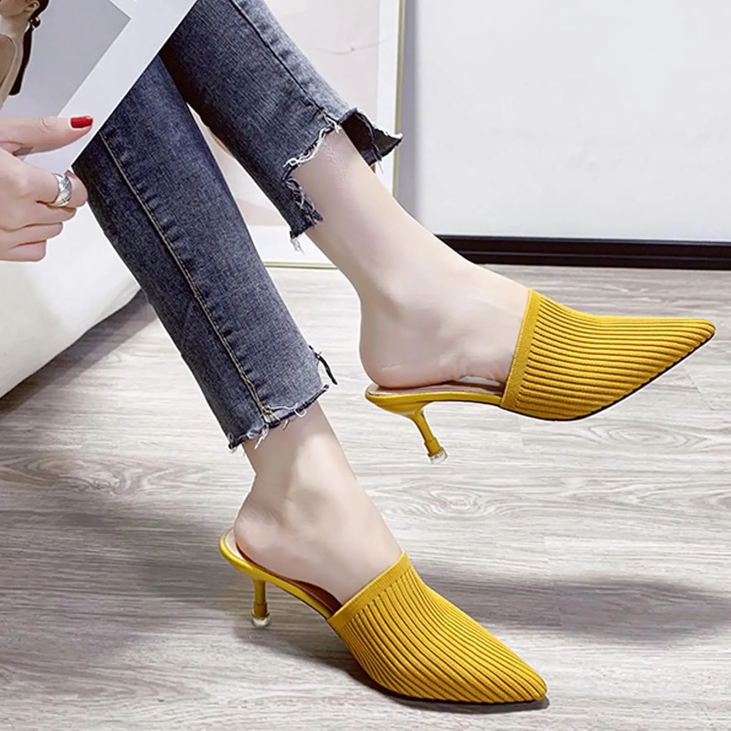 NELSBREXWomen'S Stretch Knit Pointed Toe Stiletto Clogs Mules Closed Pointed Back Breathable Non-Slip Slip-On Kitten Heel Slingback Dress Business Work Formal Slippers Sandals
