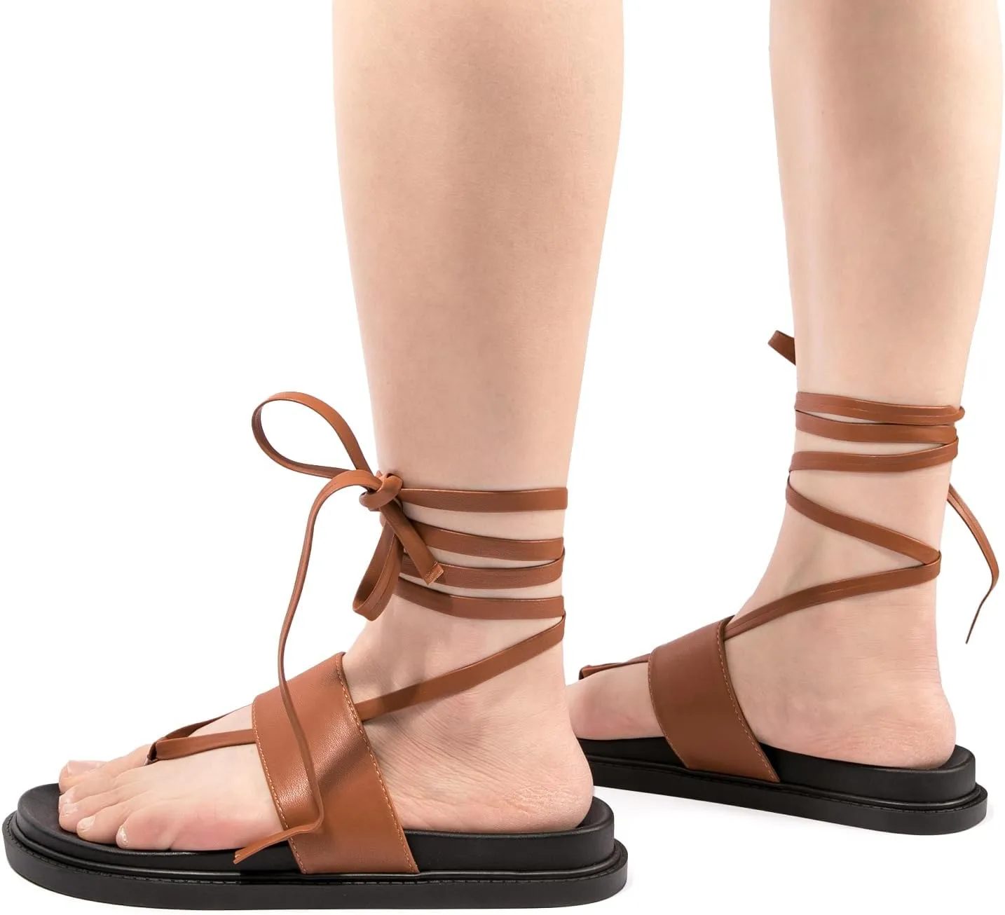 NITTI Women's Flat Sandals, Lace up Sandals, Tie Up Dressy Sandals, PU Open Toe Gladiator Sandals, Casual One Band Ankle Cute Roman Sandals（Black，US 7）