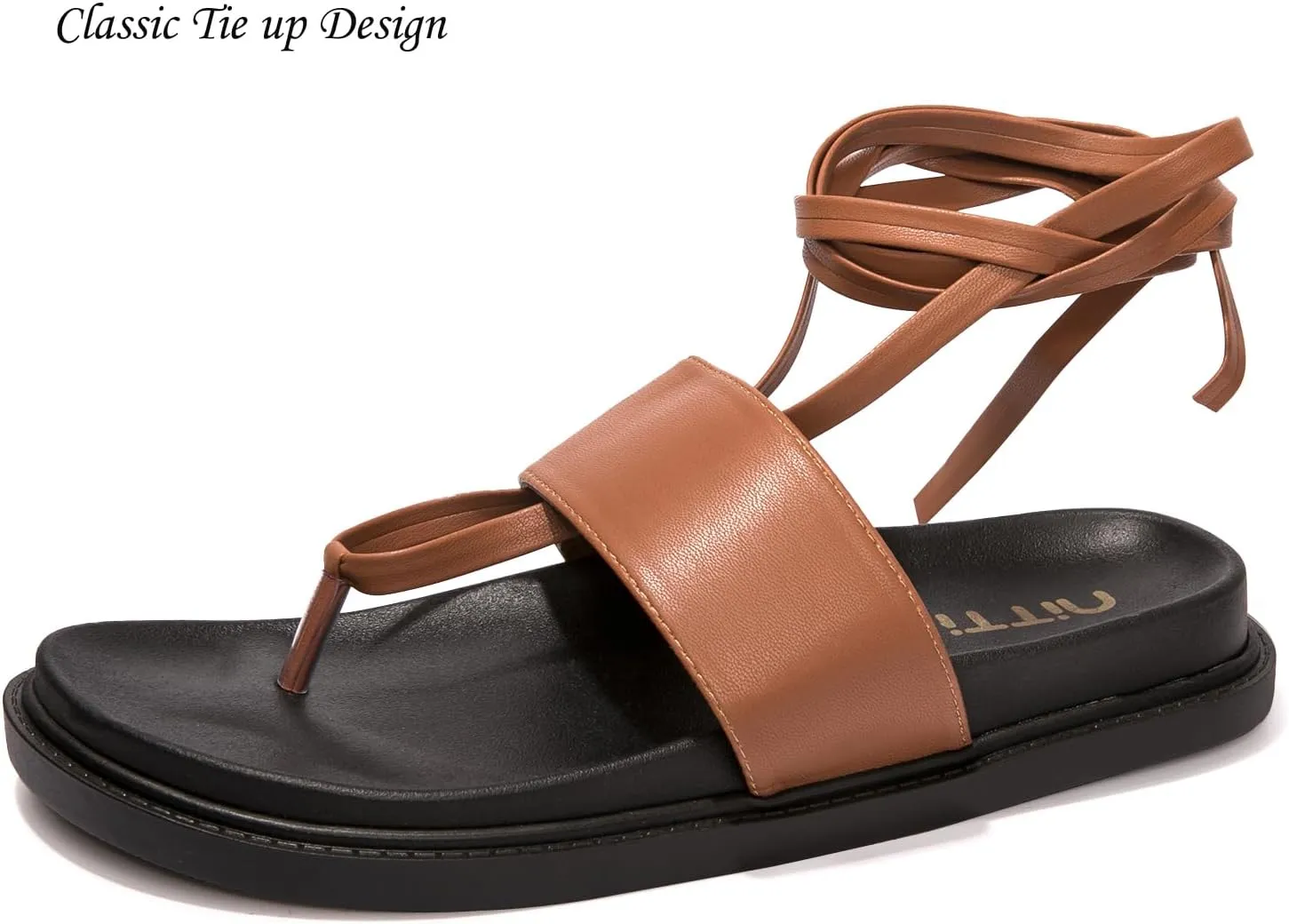 NITTI Women's Flat Sandals, Lace up Sandals, Tie Up Dressy Sandals, PU Open Toe Gladiator Sandals, Casual One Band Ankle Cute Roman Sandals（Black，US 7）