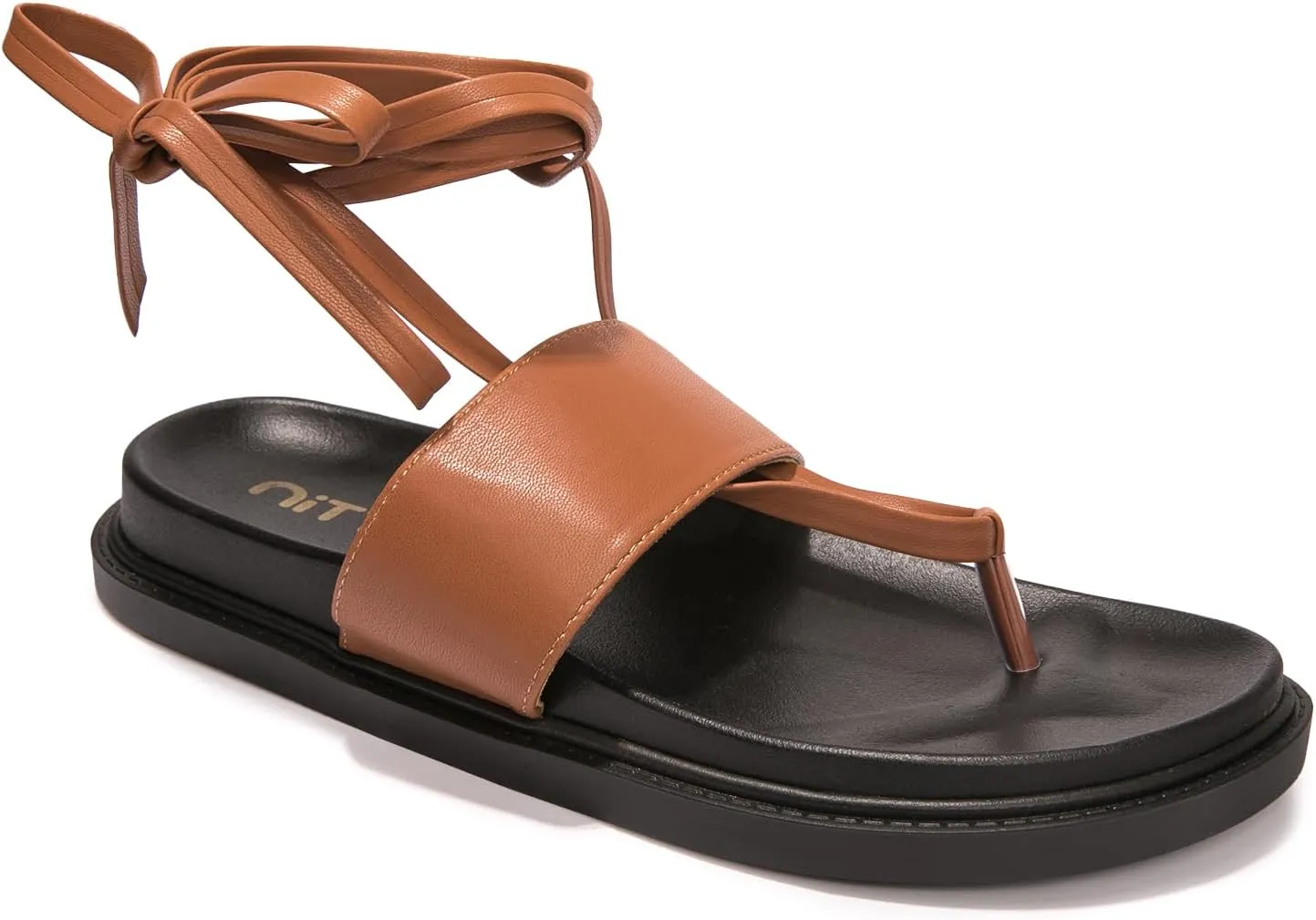 NITTI Women's Flat Sandals, Lace up Sandals, Tie Up Dressy Sandals, PU Open Toe Gladiator Sandals, Casual One Band Ankle Cute Roman Sandals（Black，US 7）