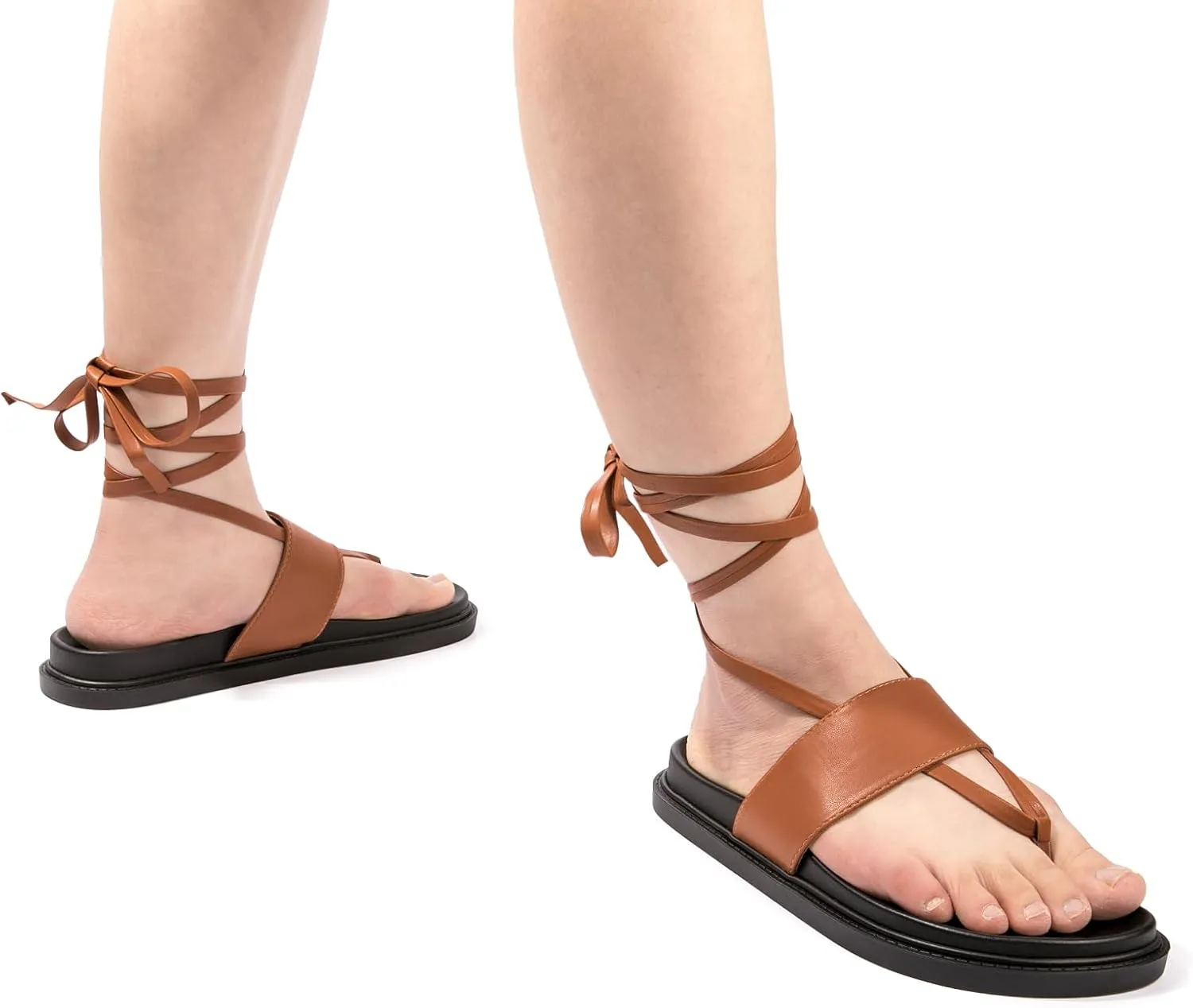 NITTI Women's Flat Sandals, Lace up Sandals, Tie Up Dressy Sandals, PU Open Toe Gladiator Sandals, Casual One Band Ankle Cute Roman Sandals（Black，US 7）