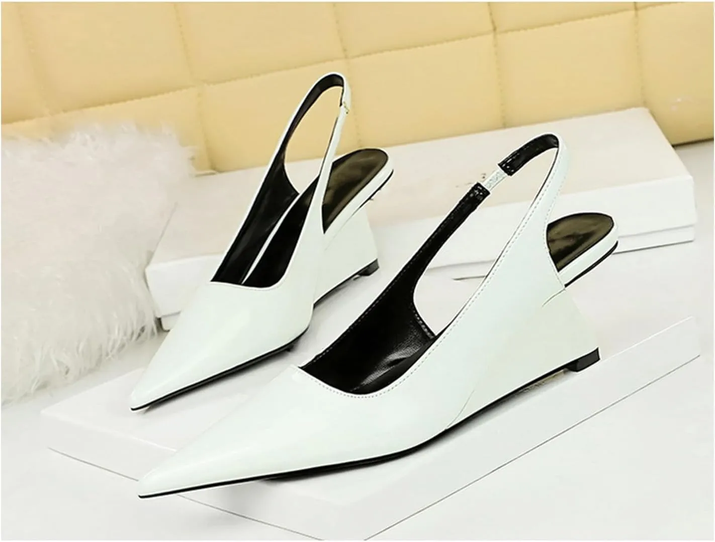 NSNEOND Women's Patent Leather Wedge Stiletto Heels Mules with Ankle Buckle Sexy Pointed Closed Pointed Toe Slip On High Heel Shoes for Wedding Party Dress Shoe