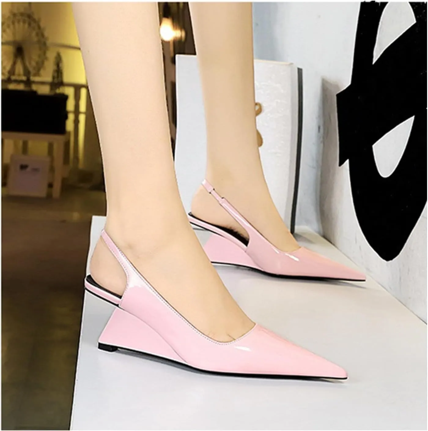 NSNEOND Women's Patent Leather Wedge Stiletto Heels Mules with Ankle Buckle Sexy Pointed Closed Pointed Toe Slip On High Heel Shoes for Wedding Party Dress Shoe