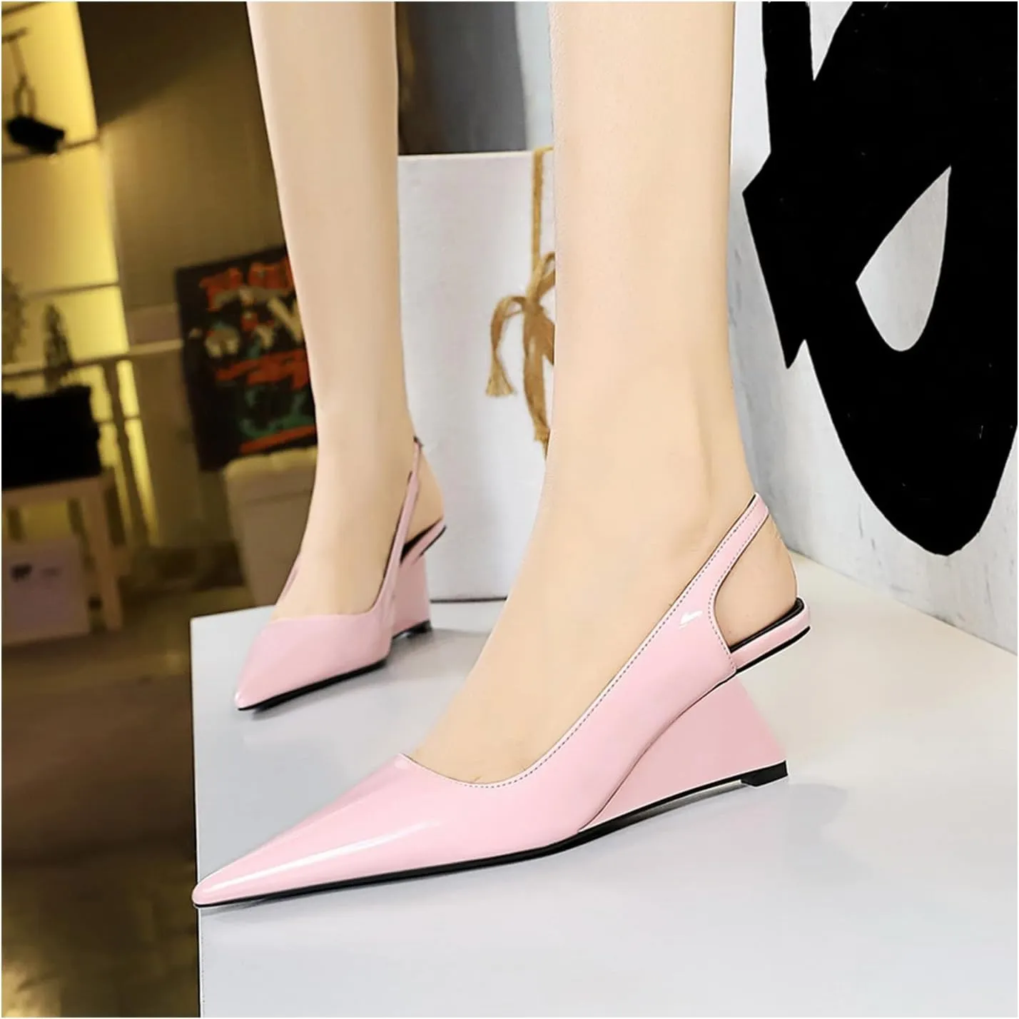 NSNEOND Women's Patent Leather Wedge Stiletto Heels Mules with Ankle Buckle Sexy Pointed Closed Pointed Toe Slip On High Heel Shoes for Wedding Party Dress Shoe