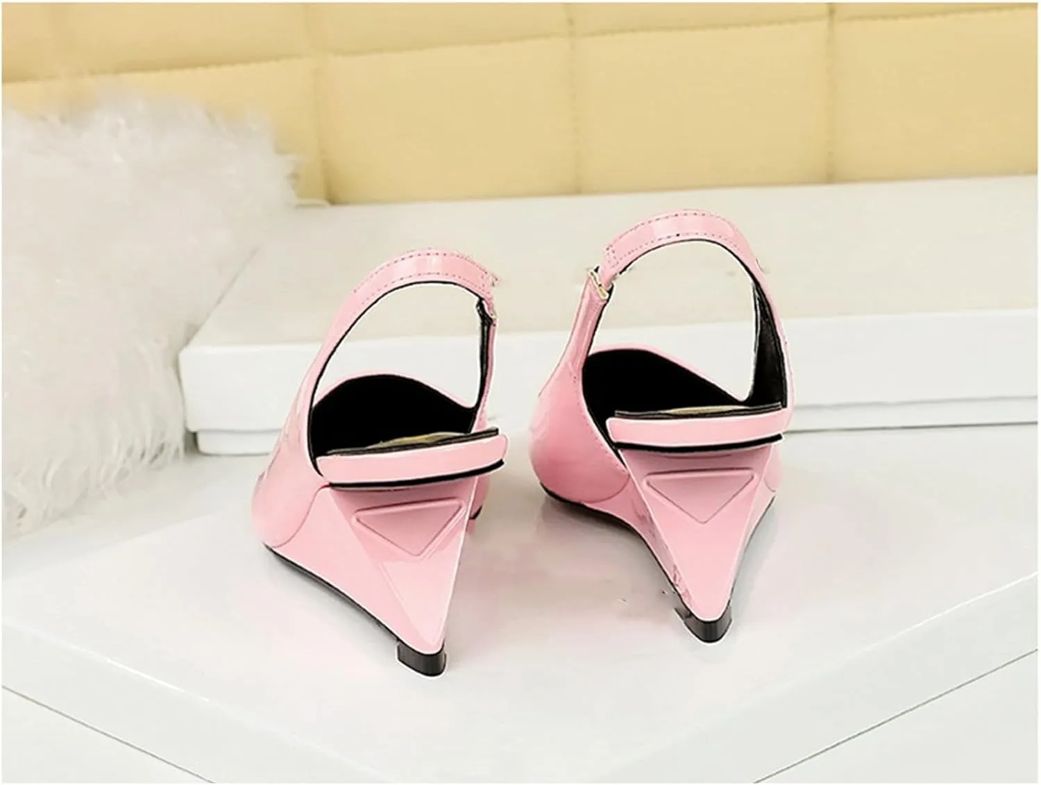 NSNEOND Women's Patent Leather Wedge Stiletto Heels Mules with Ankle Buckle Sexy Pointed Closed Pointed Toe Slip On High Heel Shoes for Wedding Party Dress Shoe