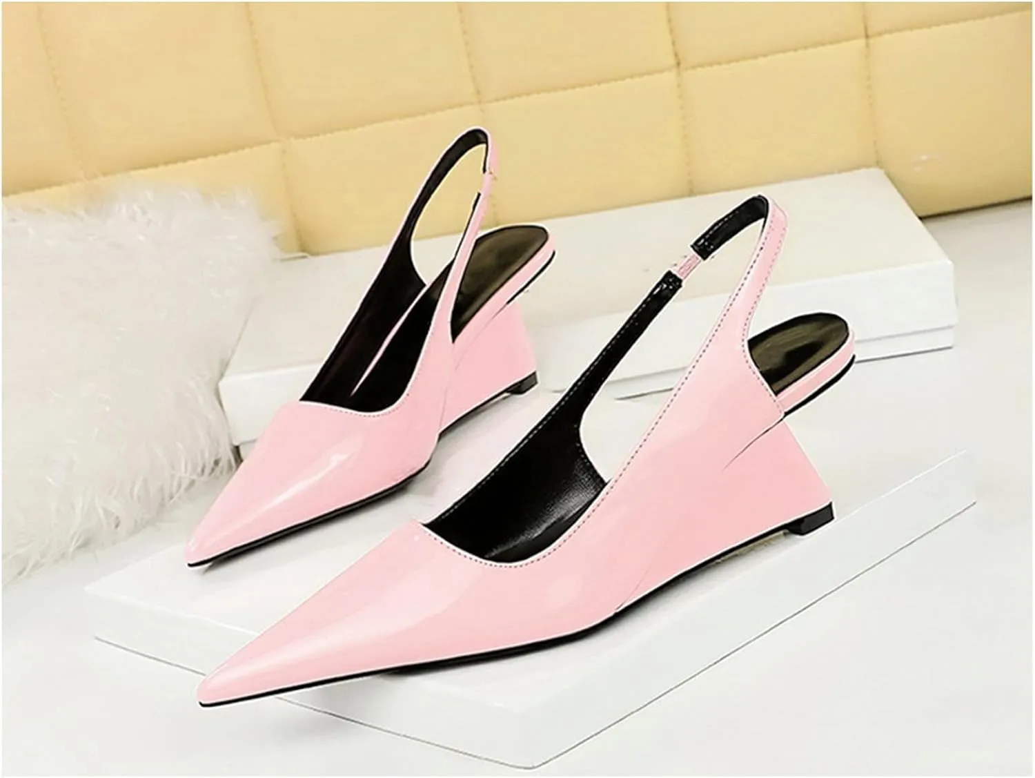 NSNEOND Women's Patent Leather Wedge Stiletto Heels Mules with Ankle Buckle Sexy Pointed Closed Pointed Toe Slip On High Heel Shoes for Wedding Party Dress Shoe
