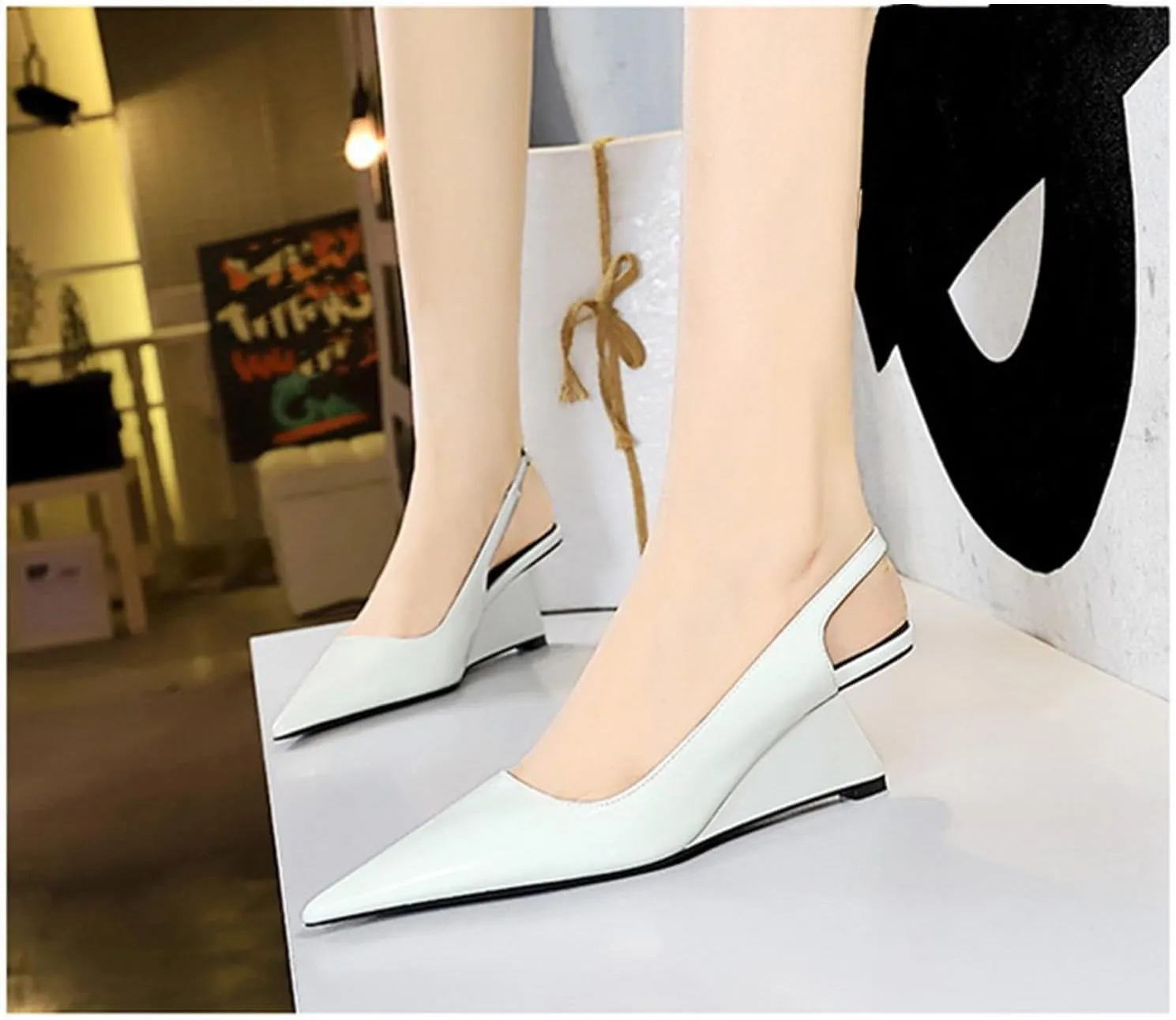 NSNEOND Women's Patent Leather Wedge Stiletto Heels Mules with Ankle Buckle Sexy Pointed Closed Pointed Toe Slip On High Heel Shoes for Wedding Party Dress Shoe