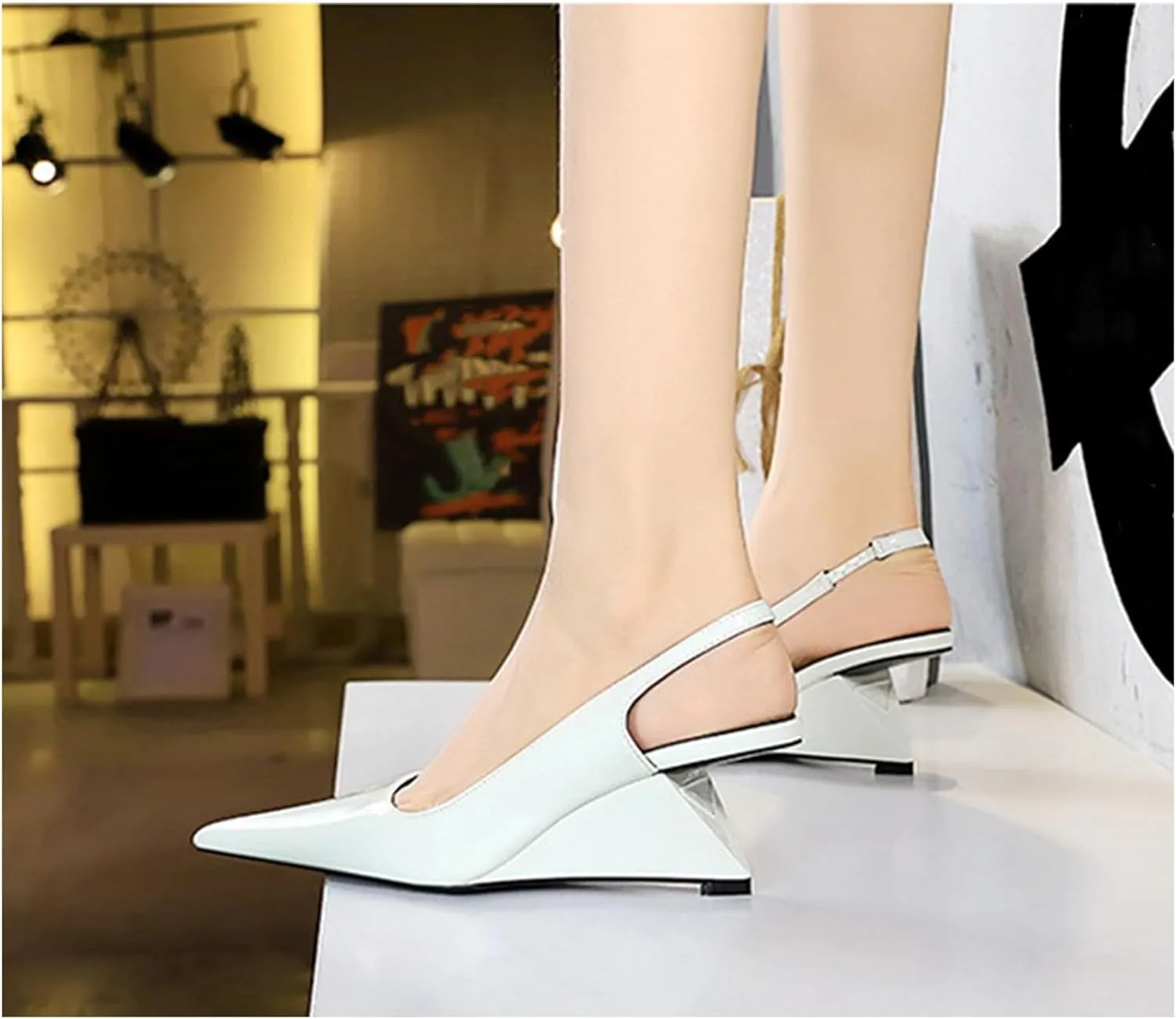 NSNEOND Women's Patent Leather Wedge Stiletto Heels Mules with Ankle Buckle Sexy Pointed Closed Pointed Toe Slip On High Heel Shoes for Wedding Party Dress Shoe
