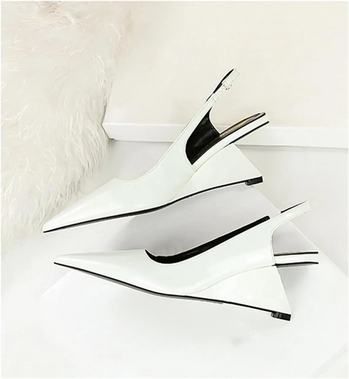 NSNEOND Women's Patent Leather Wedge Stiletto Heels Mules with Ankle Buckle Sexy Pointed Closed Pointed Toe Slip On High Heel Shoes for Wedding Party Dress Shoe
