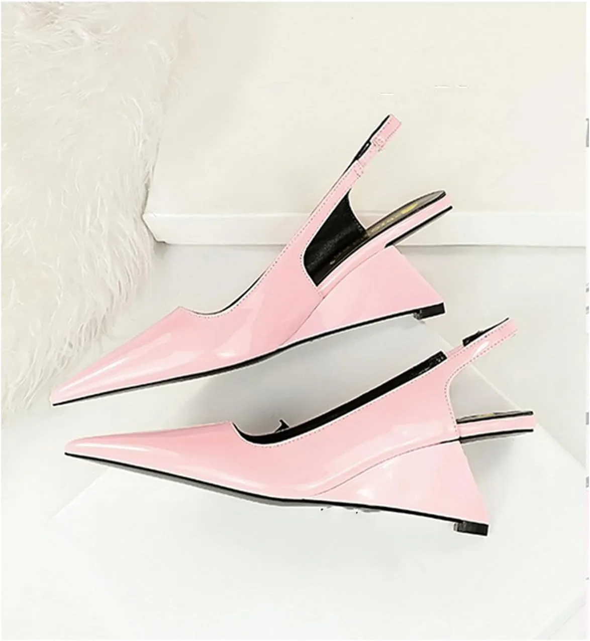 NSNEOND Women's Patent Leather Wedge Stiletto Heels Mules with Ankle Buckle Sexy Pointed Closed Pointed Toe Slip On High Heel Shoes for Wedding Party Dress Shoe