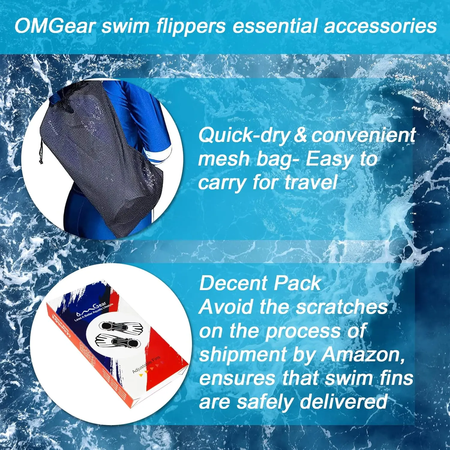 OMGear Swim Fins Short Snorkel Fins Dive Flippers for Lap Swimming Snorkeling Diving Pool Activities Travel Size with Mesh Bag for Adult Men Women