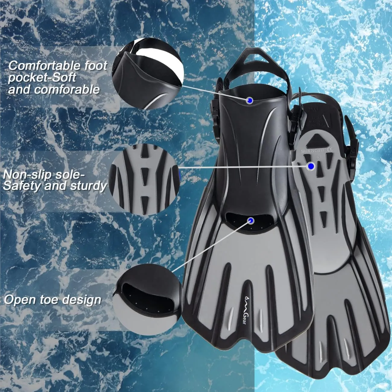 OMGear Swim Fins Short Snorkel Fins Dive Flippers for Lap Swimming Snorkeling Diving Pool Activities Travel Size with Mesh Bag for Adult Men Women