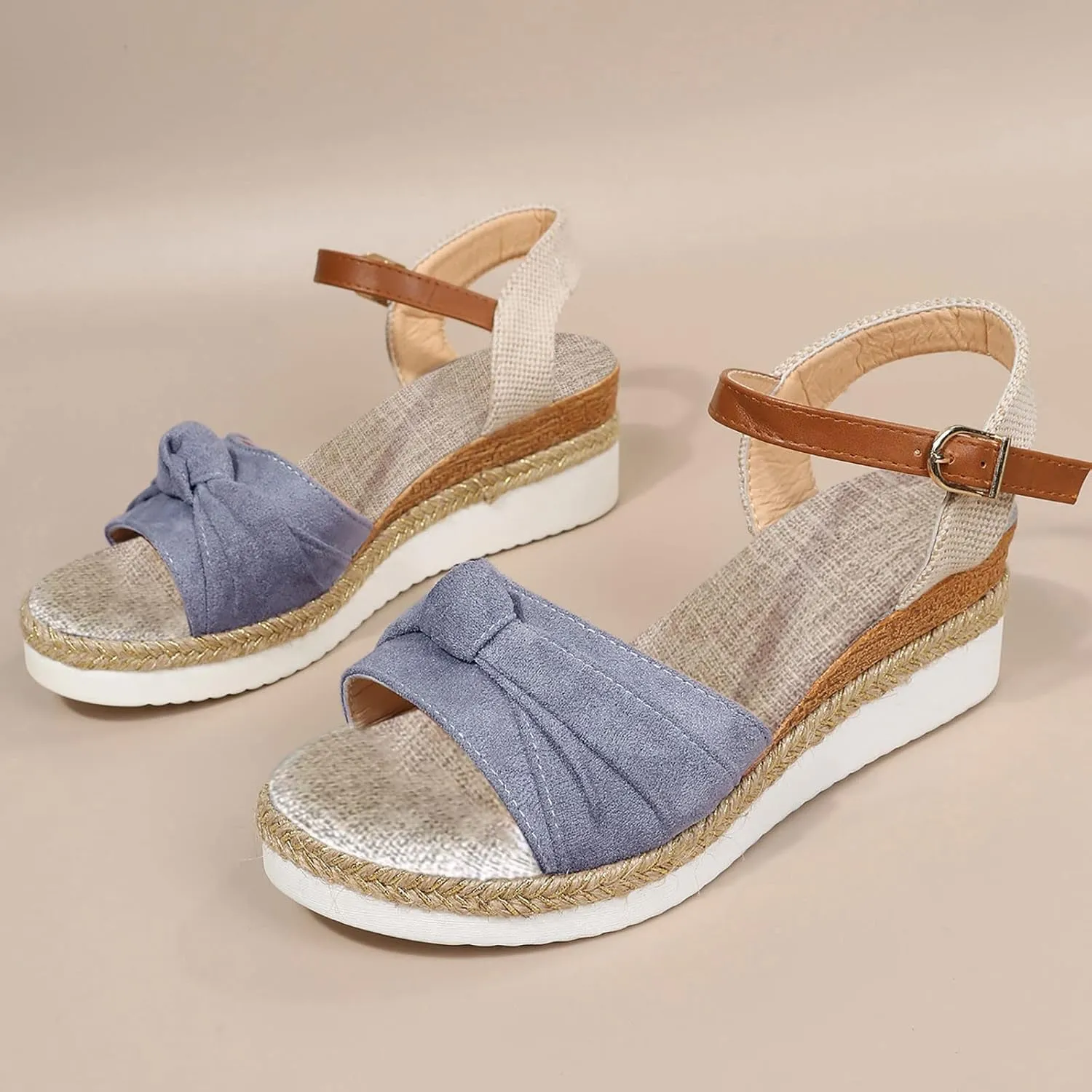 Orthopedic Platform Wedge Sandals for Women Summer Dressy 2025 New Bowknot Open Toe Ankle Strap Hemp Rope Sandal Comfortable Beach Slip on Slides