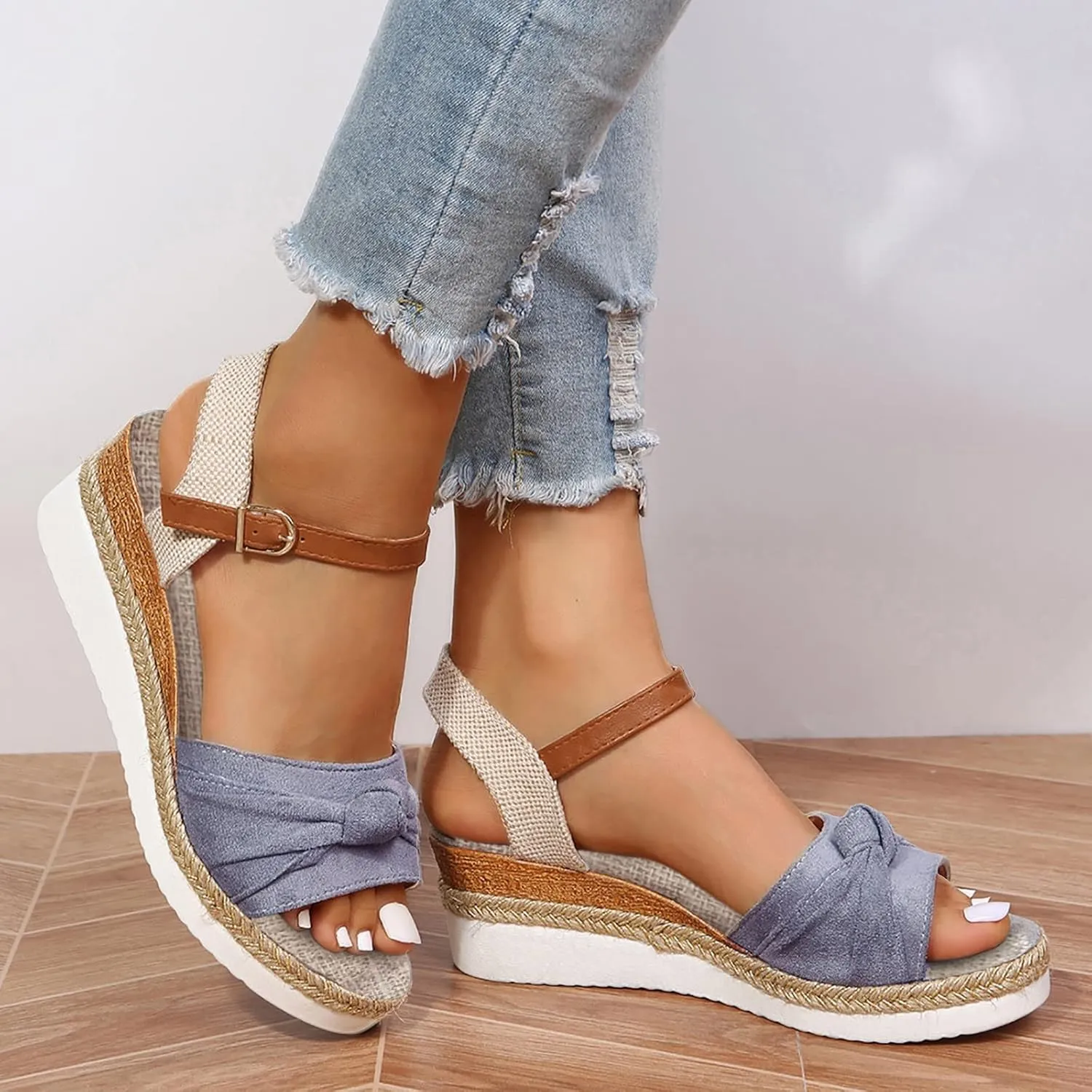 Orthopedic Platform Wedge Sandals for Women Summer Dressy 2025 New Bowknot Open Toe Ankle Strap Hemp Rope Sandal Comfortable Beach Slip on Slides