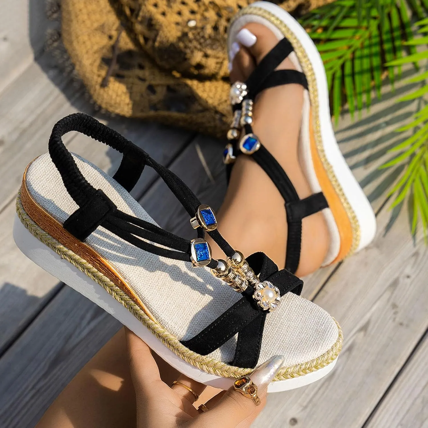 Orthopedic Wedge Sandals for Women Summer Dressy,Comfort Walking Non Slip Beach Ankle Elastic Bohemian Woven Sandals
