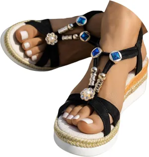 Orthopedic Wedge Sandals for Women Summer Dressy,Comfort Walking Non Slip Beach Ankle Elastic Bohemian Woven Sandals