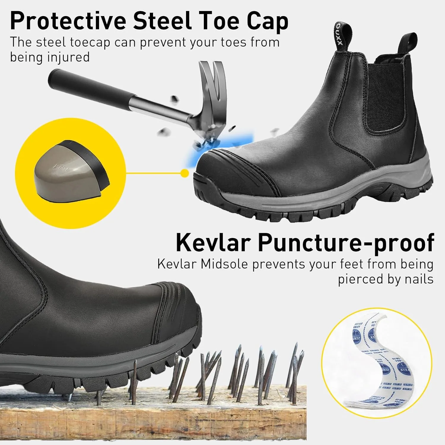OUXX Steel Toe Chelsea Work Boots for Men – Slip-On Safety Boot, Waterproof Leather, Slip-Resistant Sole, Kevlar Puncture-Proof Midsole, ASTM F2413-18 EH Rated