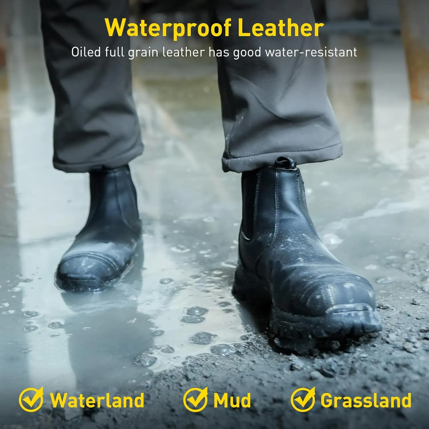 OUXX Steel Toe Chelsea Work Boots for Men – Slip-On Safety Boot, Waterproof Leather, Slip-Resistant Sole, Kevlar Puncture-Proof Midsole, ASTM F2413-18 EH Rated