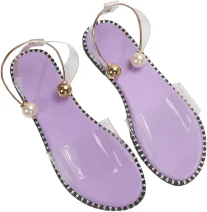 OYOANGLE Women's Pearl Decor Clear Straps Open Toe Flat Sandals Leather Outdoor Beach Sandals
