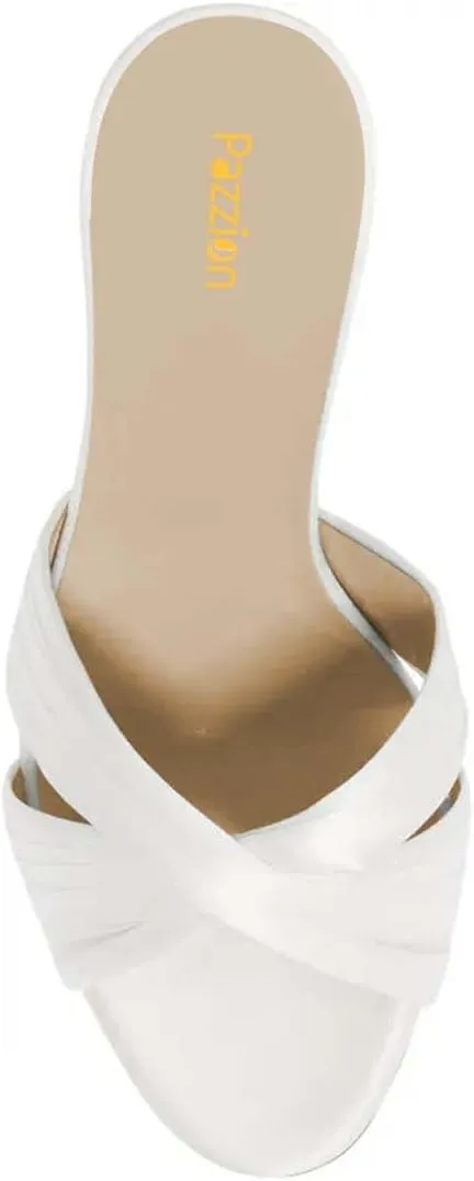 Pazzion Women Graceful Open Round Toe High Heel Mules Sandals Cross Straps Slip On Backless Slipper Casual Outdoor Prom Shoes Size 4-16 US