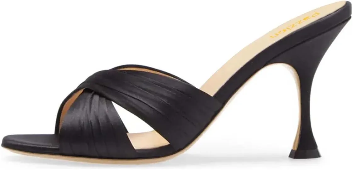Pazzion Women Graceful Open Round Toe High Heel Mules Sandals Cross Straps Slip On Backless Slipper Casual Outdoor Prom Shoes Size 4-16 US