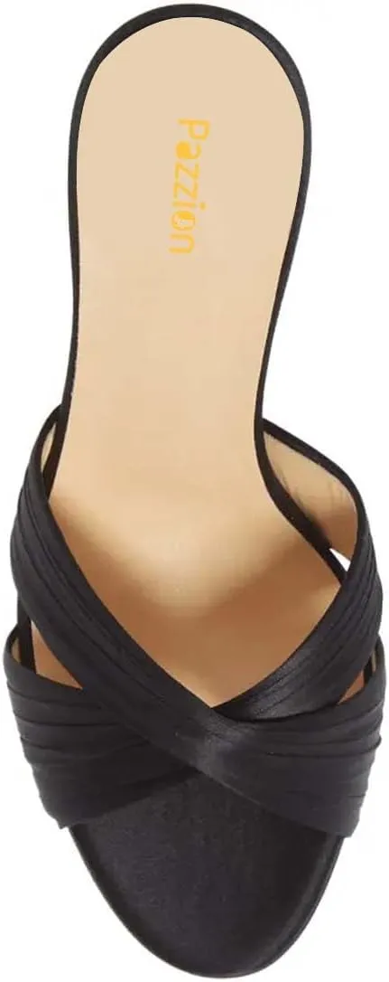 Pazzion Women Graceful Open Round Toe High Heel Mules Sandals Cross Straps Slip On Backless Slipper Casual Outdoor Prom Shoes Size 4-16 US