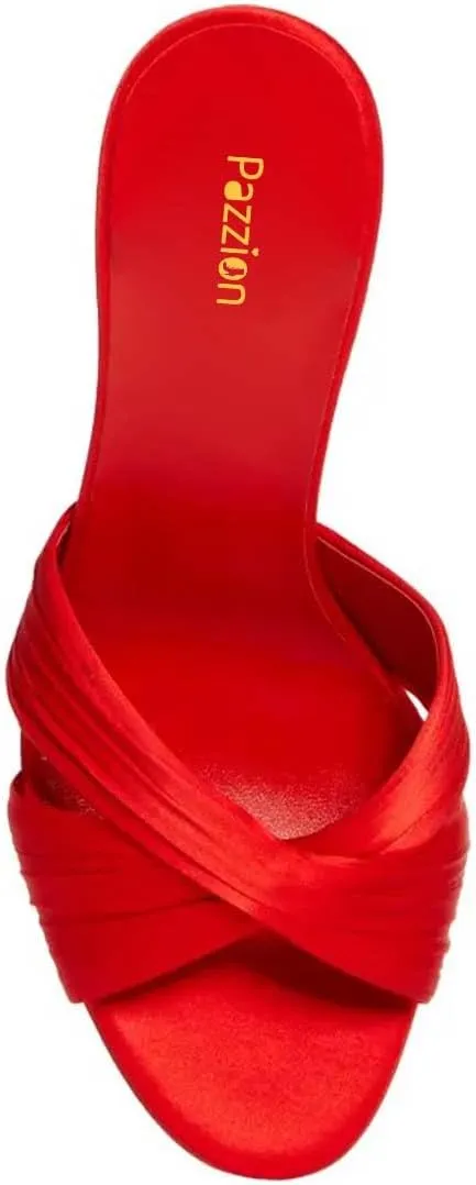 Pazzion Women Graceful Open Round Toe High Heel Mules Sandals Cross Straps Slip On Backless Slipper Casual Outdoor Prom Shoes Size 4-16 US
