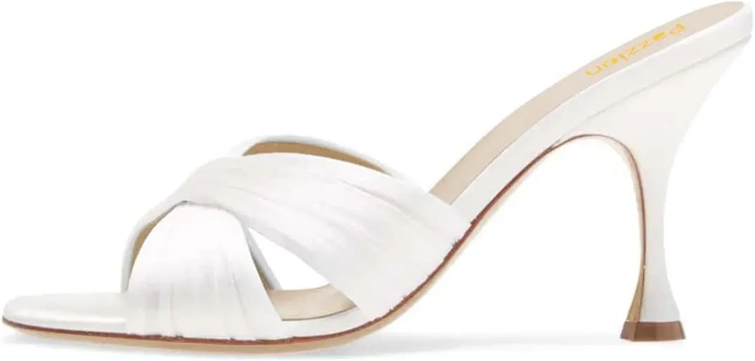 Pazzion Women Graceful Open Round Toe High Heel Mules Sandals Cross Straps Slip On Backless Slipper Casual Outdoor Prom Shoes Size 4-16 US