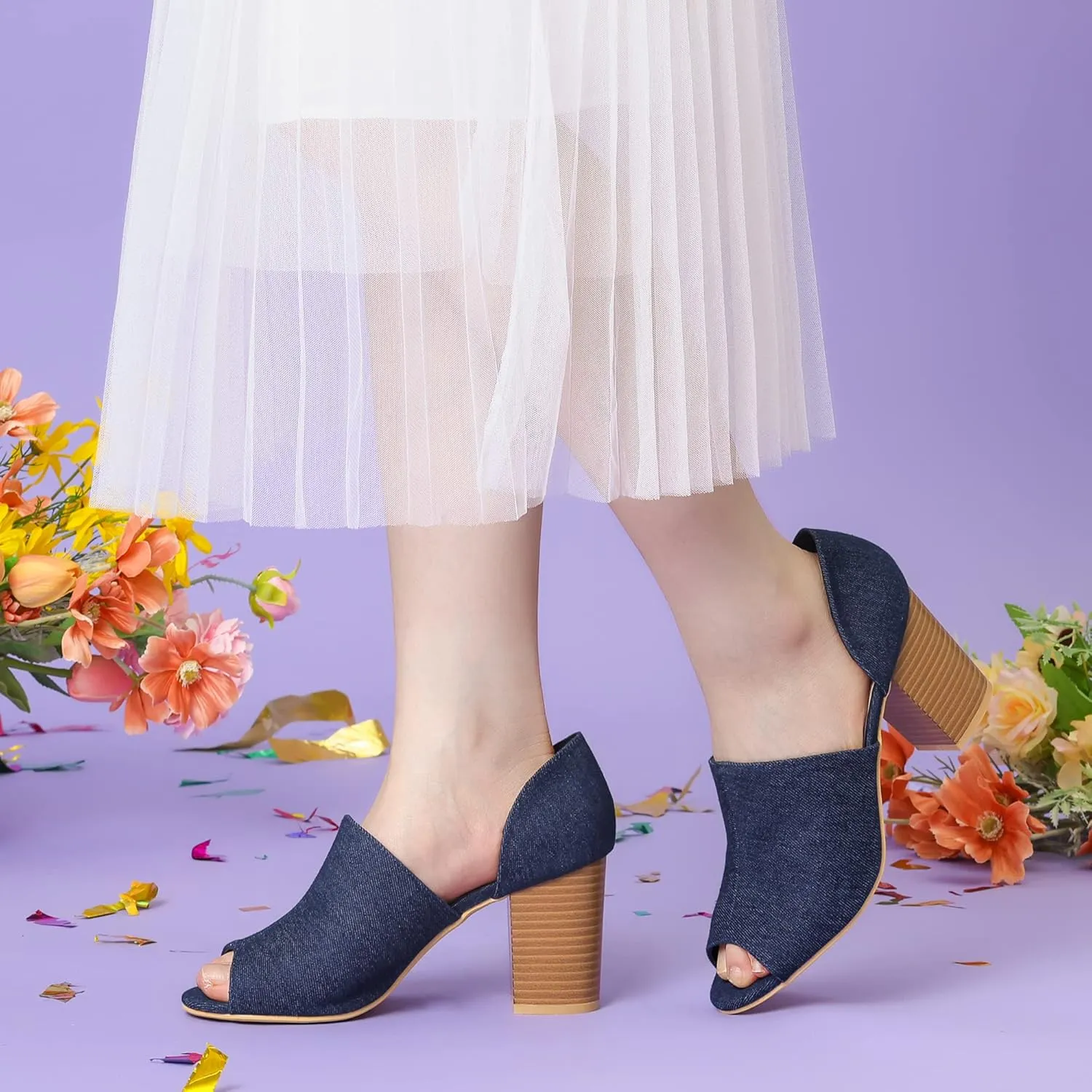 Perphy Denim Peep Toe Chunky Heels Wide Heel Slide Mules