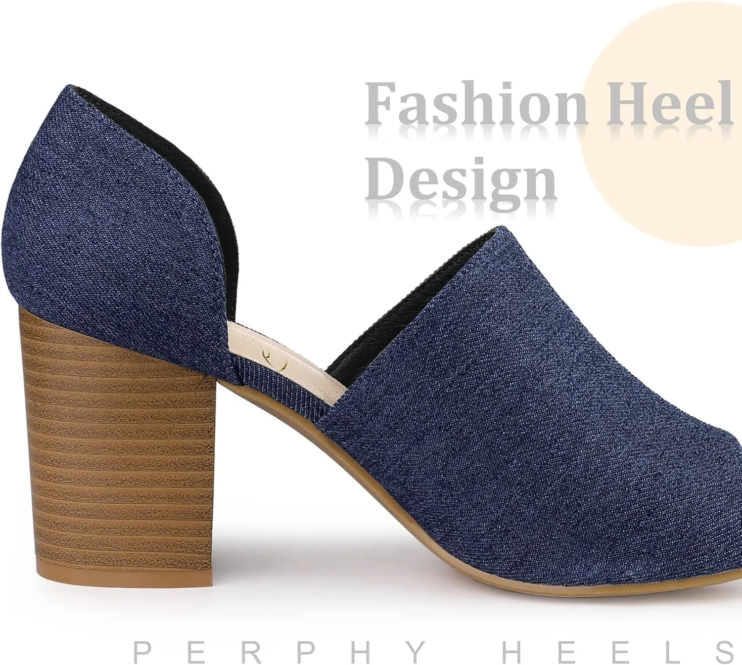 Perphy Denim Peep Toe Chunky Heels Wide Heel Slide Mules